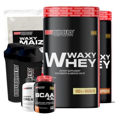 Imagem de Kit 2x Waxy Whey Baunilha e Cappuccino 900g + Waxy Maize 800g + Power Creatina 100g + BCAA 4,5 100g + 2x Coqueteleira - Bodybuilders