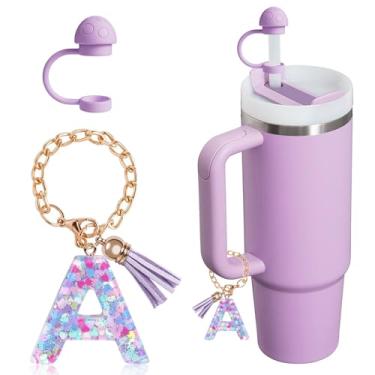 Imagem de HaimiLiya Capa de canudo com corrente de copo com letra inicial para acessórios Stanley Cup, tampa de palha de 10 mm, pingente de copo fofo, roxo