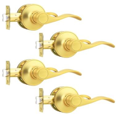 Imagem de Probrico Maçaneta dourada para porta de passagem, maçanetas de porta interior para armário e corredor, alavanca de porta de passagem dourada, pacote com 4
