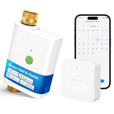 Imagem de meross Temporizador de mangueira de água WiFi com hub WiFi, temporizador de irrigação inteligente com entrada e saída de latão, funciona com Apple Homekit, Alexa e Google Assistant, temporizador de