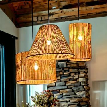 Imagem de Composição De Teto 3 Pendente Luminária de Teto Rústica Palha Fibra Na