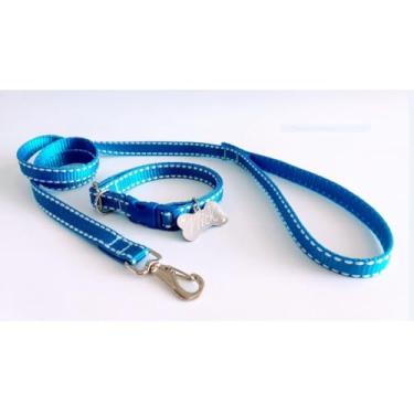 Imagem de Coleira Para Cães ou Gatos com Guia + Plaquinha de Identificação Gravada (Azul Pontilhada-M)