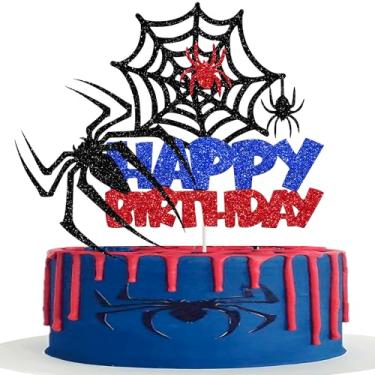 Imagem de Rsstarxi Pacote com 2 enfeites de bolo de aranha feliz aniversário aranha glitter teia de aranha palheta de bolo para chá de bebê meninos crianças festa de aniversário decoração de bolos suprimentos