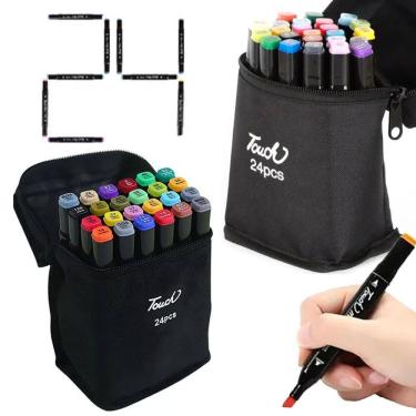 Imagem de Caneta Canetinhas 24 Cores Ponta Dupla Estojo Alça Kit 2 Uni Desenho Pintura Escola Artes Moda Design Arquitetura Cartaz