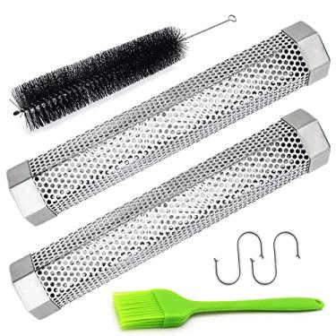 Imagem de Aushucu 2 tubos de defumador de 30,5 cm, tubo de fumaça de aço inoxidável, para fumar quente ou frio, 5 horas de fumaça, portátil, para churrasco, gerador elétrico de carvão a gás, fumador