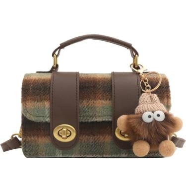 Imagem de RTGGSEL Bolsa tiracolo de malha acolchoada para mulheres pequena bolsa quadrada bolsa de mão com pingente de boneca de coelho, Verde lã