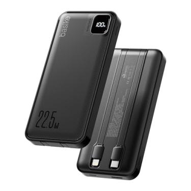 Imagem de Basike Power Bank, Carregador Portátil Universal 10000mAh, USB-A(até 22.5W)+USB-C(até 20W), com 2 Cabos Integrados (USB-C, Lightning) Carregamento Rápido, Led Indicador de Bateria (Preto)