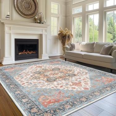 Imagem de BEIMO Tapetes de área para sala de estar, 25 x 35 cm, lavável à máquina, boho vintage, retrô, grande, floral, medalhão para quarto, sala de jantar, tapete antiderrapante leve, leve, azul, laranja