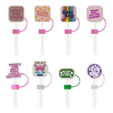 Imagem de 8 peças de tampas de canudo de silicone para copos Stanley, garrafa de água, copos, acessórios de copo de 0,4 polegadas/10 mm reutilizáveis kits de tampas de tampas de tampas (frase bons dias à frente