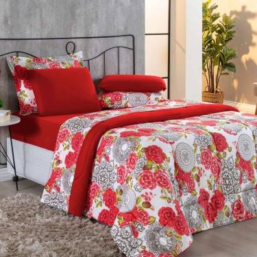 Imagem de Kit Edredom + Jogo De Lençol Malha 100% Algodão Primavera 7 Peças Casal - Floral Vermelho