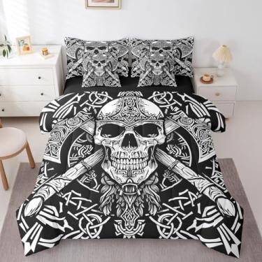 Imagem de Erosebridal Jogo de cama de caveira viking em uma bolsa para crianças, meninos, adolescentes, guerreiro viking antigo, conjunto de edredom queen retrô com machado de batalha duplo, 7 peças, totem da
