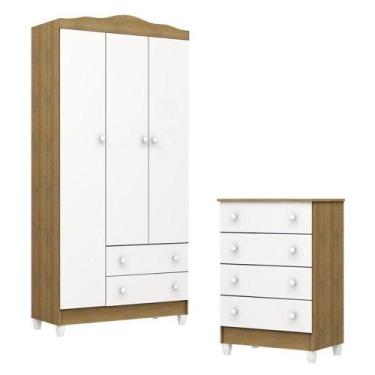Imagem de Cômoda Gaveteiro E Guarda Roupa Mel Flat Branco Acetinado Amadeirado -