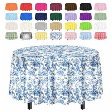 Imagem de SietDESEO Pacote com 2 toalhas de mesa florais azuis redondas 213 x 213 cm, toalha de mesa floral azul e branca, capa de mesa de plástico descartável para festa, piquenique, casamento, sálvia, verde