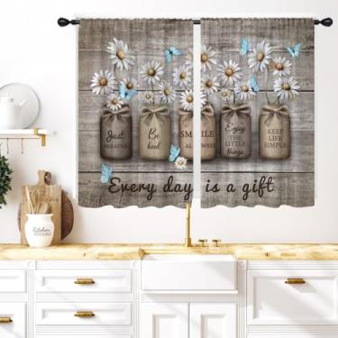 Imagem de Coxila Cortinas de janela de cozinha Farmhouse 60 x 99 cm, pequeno, curto, mini varão, bolso rústico, marrom, madeira, vintage, floral, máximo, sala de estar, quarto, casa, tratamento, conjunto de 2