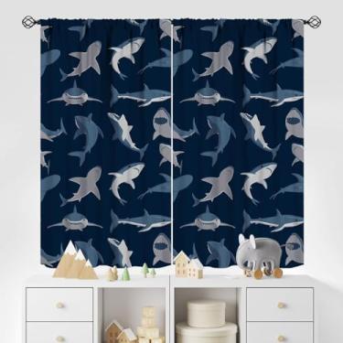 Imagem de YCness Cortinas infantis de animais marinhos para adolescentes, meninos, meninas, quarto de bebê, decoração de desenho animado tubarões, arte blackout, conjunto de tecido, 2 painéis, 106 x 113 cm