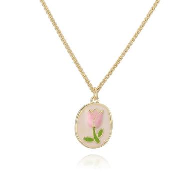 Imagem de Colar feminino com pingente de flor de tulipa delicada, banhado a ouro, vintage, esmaltado, formato oval, floral, ajustável, corrente gargantilha, gargantilha para festas de casamento, joias modernas
