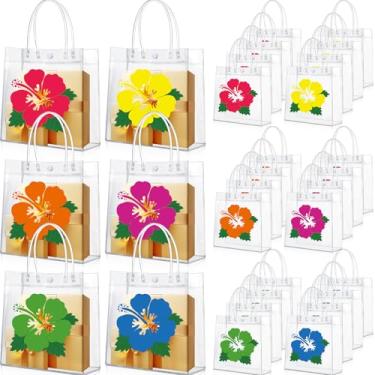 Imagem de Wesnoy Pacote com 24 sacos de presente Luau com alça de hibisco havaiano lembrancinha de festa PVC transparente sacolas de verão Tropical Luau para decorações de aniversário Aloha Tiki, 19 x 19 x 8 cm