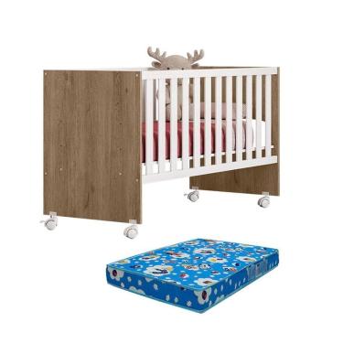 Imagem de Berço Nacional Doce Sonho 3540 Carvalho Rústico TOQ Branco com Colchão Ortobom - Qmovi