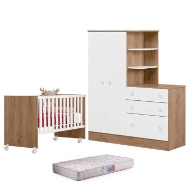 Imagem de Berço Nacional 3540 e Guarda Roupa com Cômoda 4070 Doce Sonho Carvalho Rústico TOQ Branco e Colchão Gazin - Qmovi