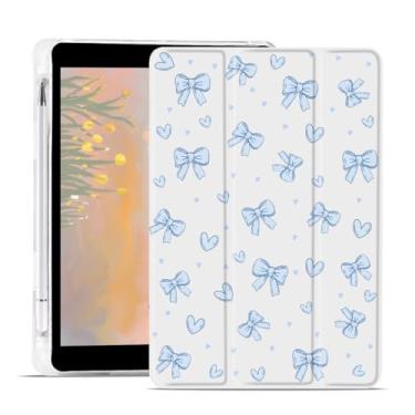 Imagem de JOYLAND Linda capa com laço azul para iPad Air/iPad Air 2 de 9,7 polegadas com suporte para lápis despertar/hibernar automaticamente, linda capa de tablet à prova de choque, suporte de três dobras