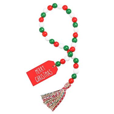 Imagem de Guirlanda de contas de madeira de Natal com borlas, bandeja rústica em camadas para decoração de férias, contas de madeira vermelha, verde e branca com corda de juta xadrez, decoração de casa de Natal natural