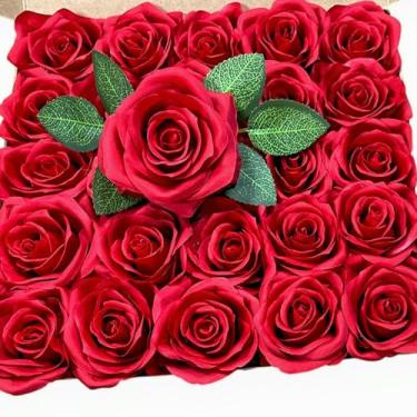 Imagem de Atongham 25 peças de rosas artificiais, rosas de seda, rosas falsas vermelhas de toque real e secas, caixa de presente de flores falsas, centro de arranjos de flores de casamento, decoração de casa