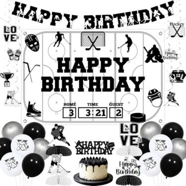 Imagem de Balterever Decorações de aniversário de hóquei para meninos, hóquei no gelo, cenário de aniversário, centro de mesa, topo de bolo, faixa para pendurar redemoinhos, decoração de festa de dia de jogo