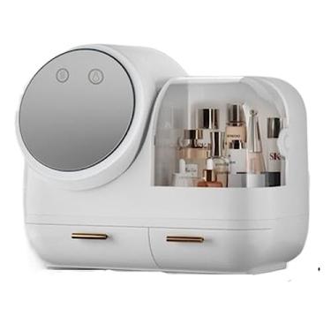 Imagem de Caixa organizadora de maquiagem com espelho e ventilador de LED, estojo de exibição de cosméticos de grande capacidade, organizador de cuidados com a pele à prova d'água e à prova de poeira para
