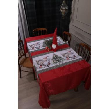 Imagem de Kit Toalha De Mesa Retangular Jacquard 3,00x1,50 (8 Lugares) + 2 Caminhos de Mesa (Decoração Natalina, Decorativa Para Natal) (PAPAI E MAMAE NOEL)