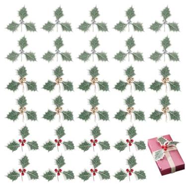Imagem de AHANDMAKER 30 peças, 3 cores, bagas de azevinho artificiais com folhas verdes, arbustos, caules de folhas de cedro, bagas vermelhas de azevinho, palitos para árvore de Natal, faça você mesmo