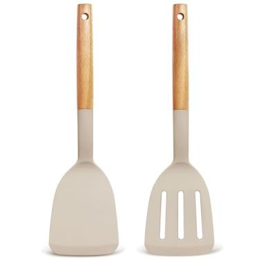 Imagem de Conjunto de 2, espátulas de silicone para panelas antiaderentes, espátulas de silicone resistente ao calor de 315 °C, conjunto de espátulas de cozinha com cabo de madeira, conjunto de utensílios de
