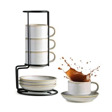 Imagem de Gomakren Conjunto de 4 xícaras de café expresso de 70,9 g, pequenas xícaras de café empilháveis com pires e suporte de metal, xícaras de porcelana de Halloween para bebidas especiais de café, expresso