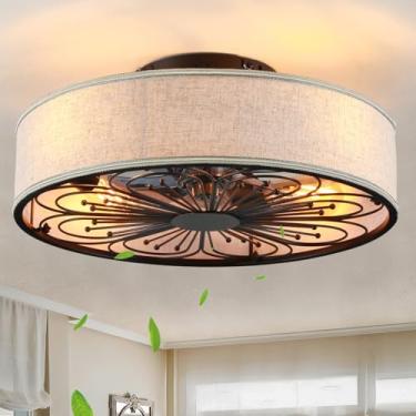 Imagem de Ventilador de teto de vime Boho de 50,8 cm com luz, ventilador de teto sem lâmina de montagem embutida de perfil baixo com controle remoto, motor silencioso reversível de 6 velocidades, fandalier de