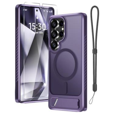 Imagem de Capa para Samsung Galaxy S25 Ultra com protetor de tela + alça de pulso, capa magnética translúcida fosca robusta fina embutida com suporte invisível [apto para MagSafe], roxo 2025
