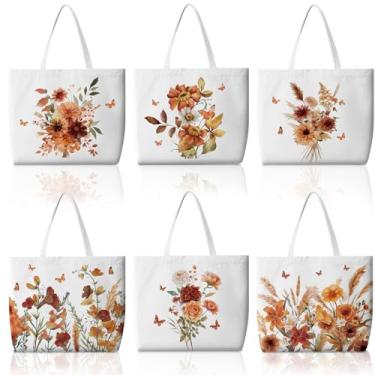 Imagem de Bencailor 6 peças sacolas de lona de outono a granel abóbora folhas de bordo flores reutilizáveis sacolas de mercearia para mulheres presentes de ação de graças (laranja e branco, floral outono)