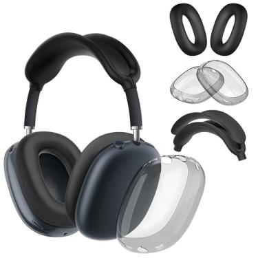 Imagem de Seltureone Capa 4 em 1 compatível com AirPods Max Headband/Ear Cups/Ear Pads, proteção completa de silicone macio e capa de fone de ouvido de TPU transparente para AirPods Max - preta
