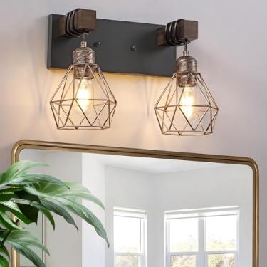 Imagem de Luminárias de banheiro de fazenda, luminárias de banheiro de madeira com 2 luzes sobre espelho, iluminação de parede de arandelas rústicas com abajur de metal elegante para sala de estar, quarto