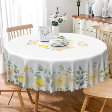 Imagem de SIEDYCV Toalha de mesa redonda floral branca 177 cm primavera rosa margarida pera folha toalha de mesa resistente a vincos lavável flores silvestres capa de mesa circular para casa de fazenda, tema de