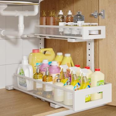 Imagem de Pacote com 1 organizador de armazenamento sob a pia de 19 cm, prateleira grande de 2 camadas de malha elegante para organização de armários de cozinha e banheiro, design em forma de L e altura