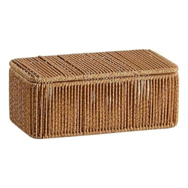 Imagem de DimyFew Cesto de Vime Trançado à Mão com Tampa, Caixa de Armazenamento Multifuncional para Mesa, Organizador Elegante com Metal, 25 Cm X 12.5 Cm X 10