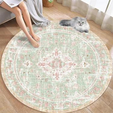 Imagem de ESSMOKO Tapete Étnico Redondo Tapete Retrô Tapete Quarto Sala de Estar Tapete Lavável na Máquina Fácil de Cuidar Tapete de Caxemira Artística, Rosa Verde, 100 cm