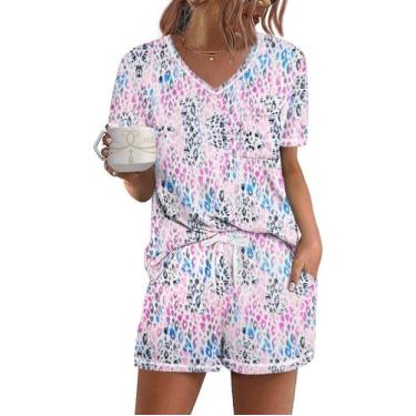 Imagem de Conjunto de pijamas femininos Ekouaer de manga curta Lounge Leaf