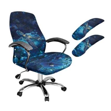 Imagem de SAJJWHHR Capa para cadeira de escritório com estampa de tartaruga marinha com capas de apoio de braço, capa para cadeira de chefe impressa em hibisco com botão, protetor de assento para cadeiras de