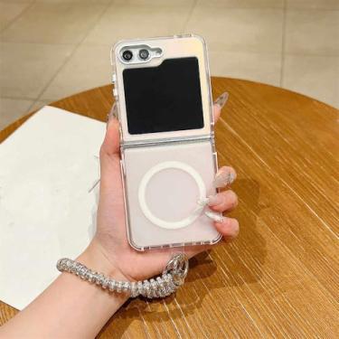 Imagem de Capa com pulseira gradiente Aurora para Samsung Galaxy Z Flip 6 5 4 com corrente de pulso de diamante brilhante, capa de acrílico fosco, branca, para Samsung Galaxy Z Flip6