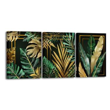 Imagem de RnnJoile Decoração de parede verde e dourada em tela imagens tropicais pintura havaiana folhas de palmeira arte para decoração de banheiro emoldurada 30 cm x 40 cm cada