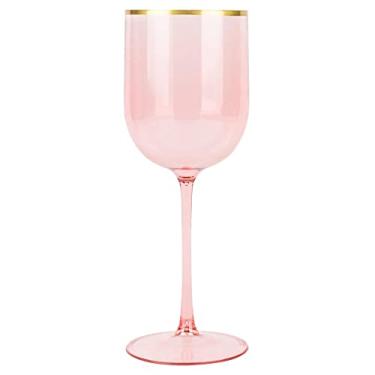 Imagem de EcoQuality Copos de vinho rosa de plástico translúcido com borda dourada - Copos de vinho de 340 g com haste, taças de vinho descartáveis à prova de estilhaçamento, reutilizáveis, copos de bebida