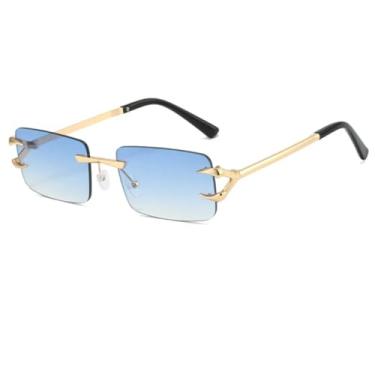 Imagem de HPIRME Óculos de sol vintage retangulares sem aro para mulheres, armação de metal, moderno, transparente, lente oceânica, UV400 (dourado-azul)