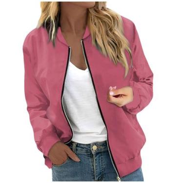 Imagem de Casaco COTECRAM Casual Outono Inverno Zip Up Bomber feminino rosa choq