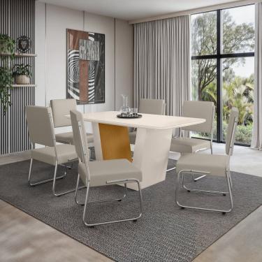 Imagem de Mesa Viena 160x90cm Tampo Mdf e Vidro com 6 Cadeiras Monaco Off White/Marrom