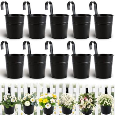 Imagem de Tivcck Pacote com 10 vasos de flores pendurados, plantador de balde de ferro de metal, plantador de corrimão de 10 cm, suporte de flores suspenso com gancho removível para cerca de corrimão, varanda